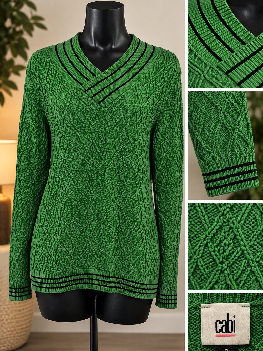 CAbi Green V-Neck Sweater with Striped Detail